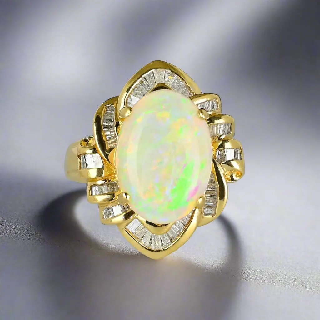 Vintage 14K Gold Baguette Diamond Opal Cocktail Ring