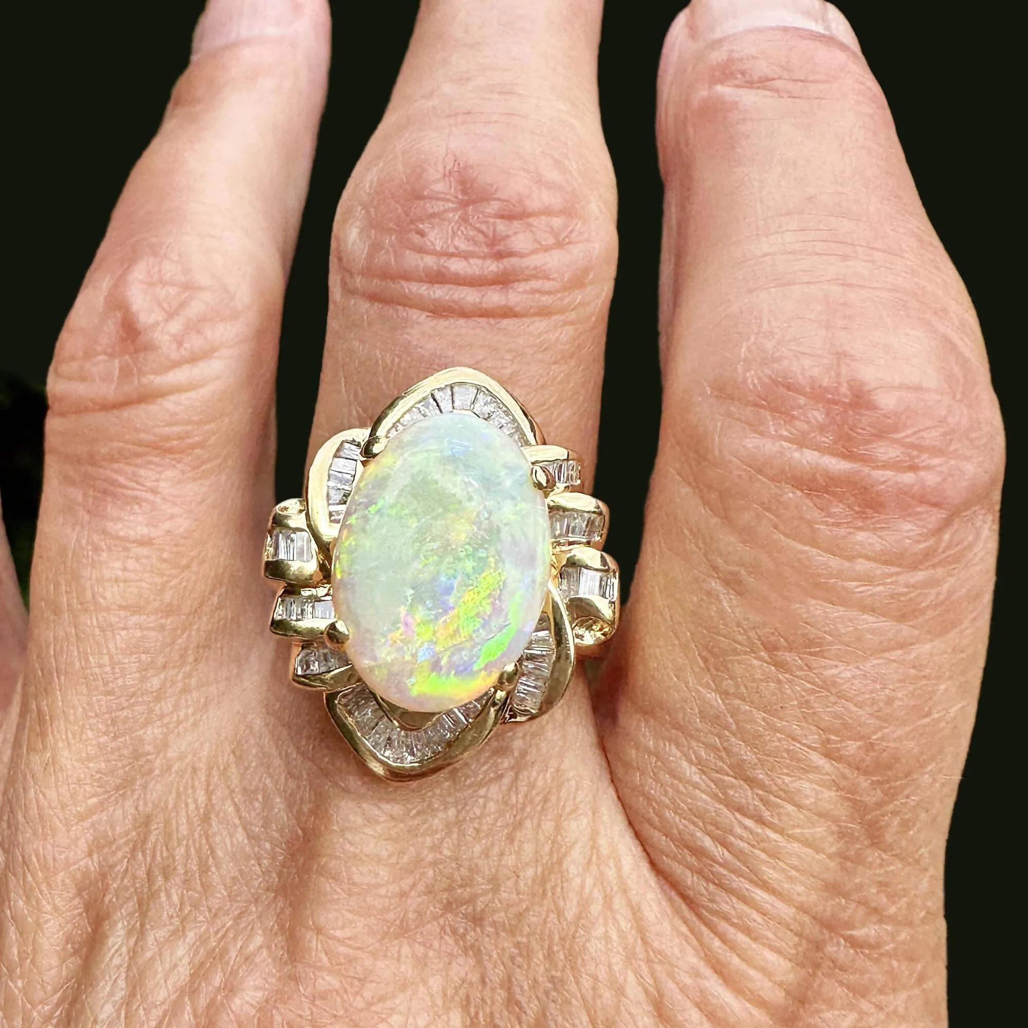 Vintage 14K Gold Baguette Diamond Opal Cocktail Ring