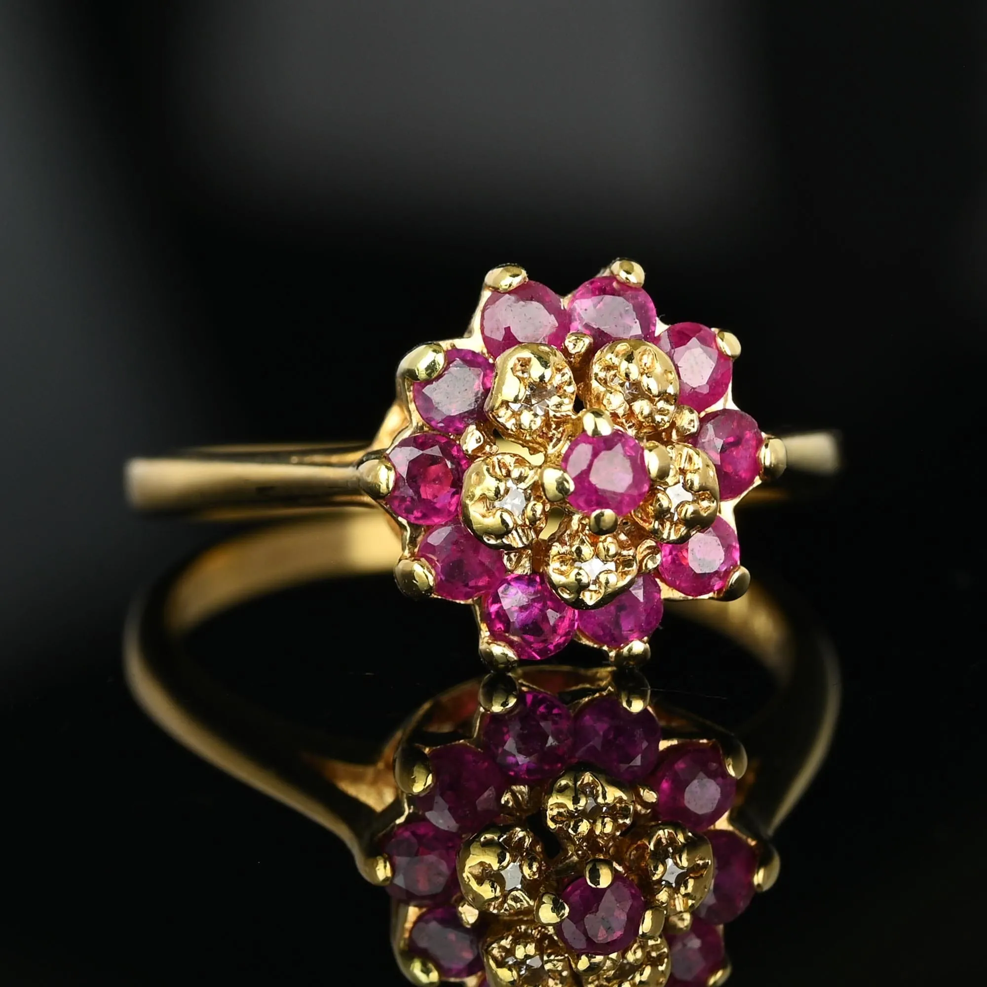 Vintage Diamond Flower Cluster Ruby Ring in 10K Gold