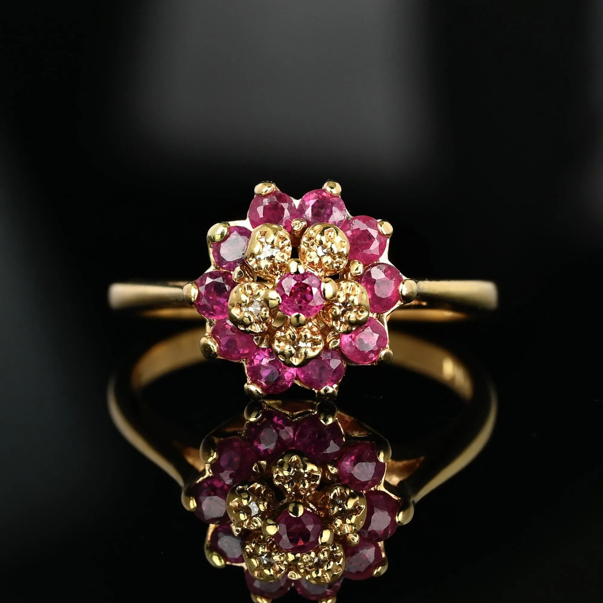 Vintage Diamond Flower Cluster Ruby Ring in 10K Gold