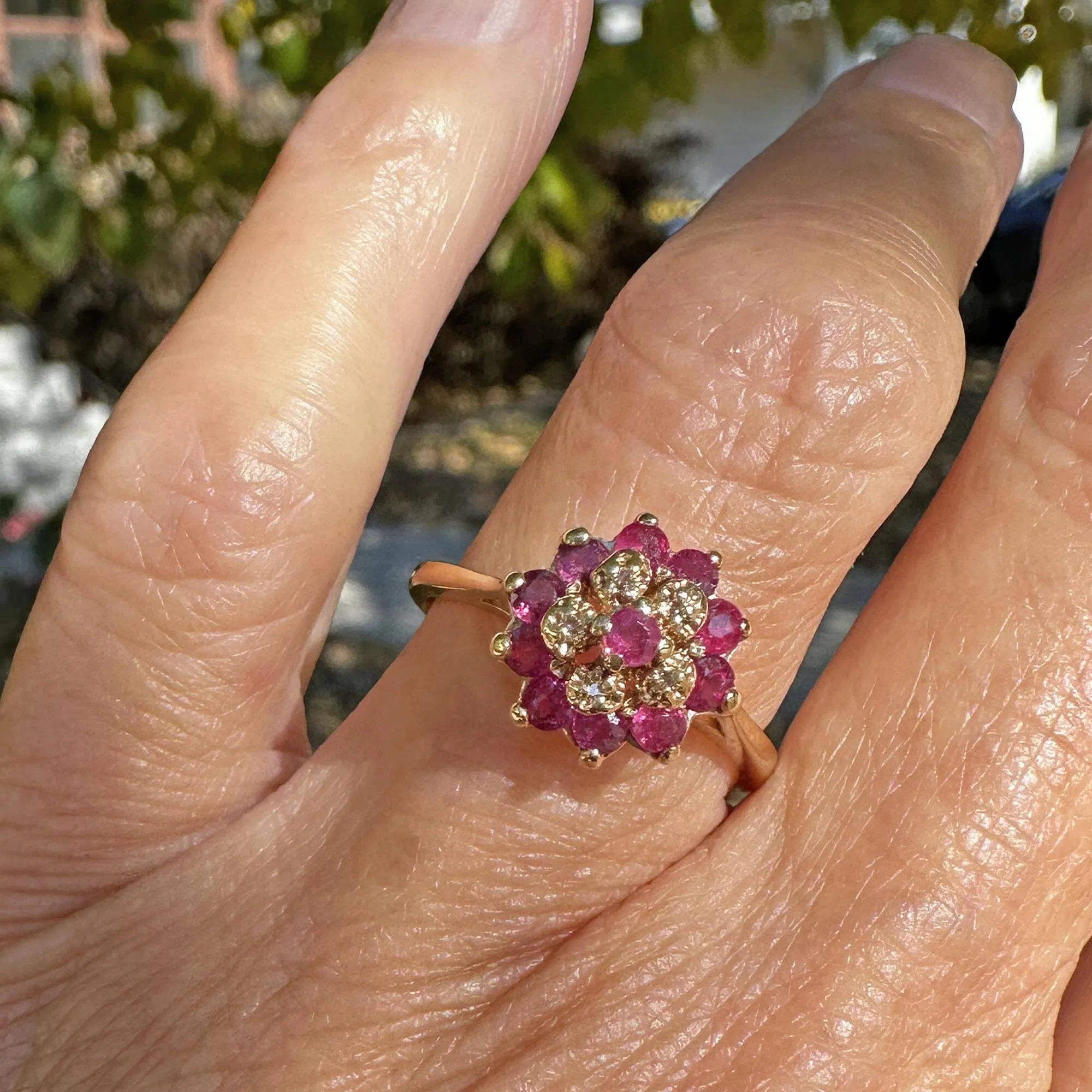 Vintage Diamond Flower Cluster Ruby Ring in 10K Gold