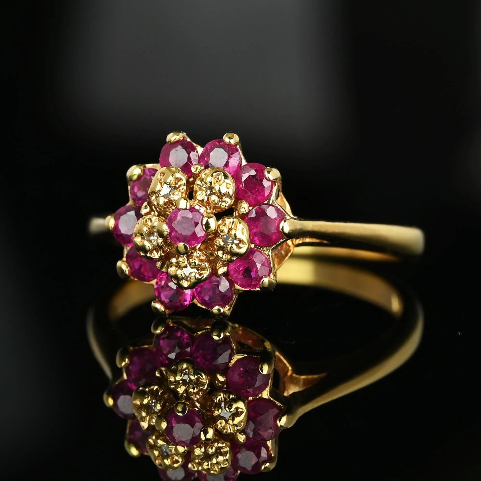 Vintage Diamond Flower Cluster Ruby Ring in 10K Gold