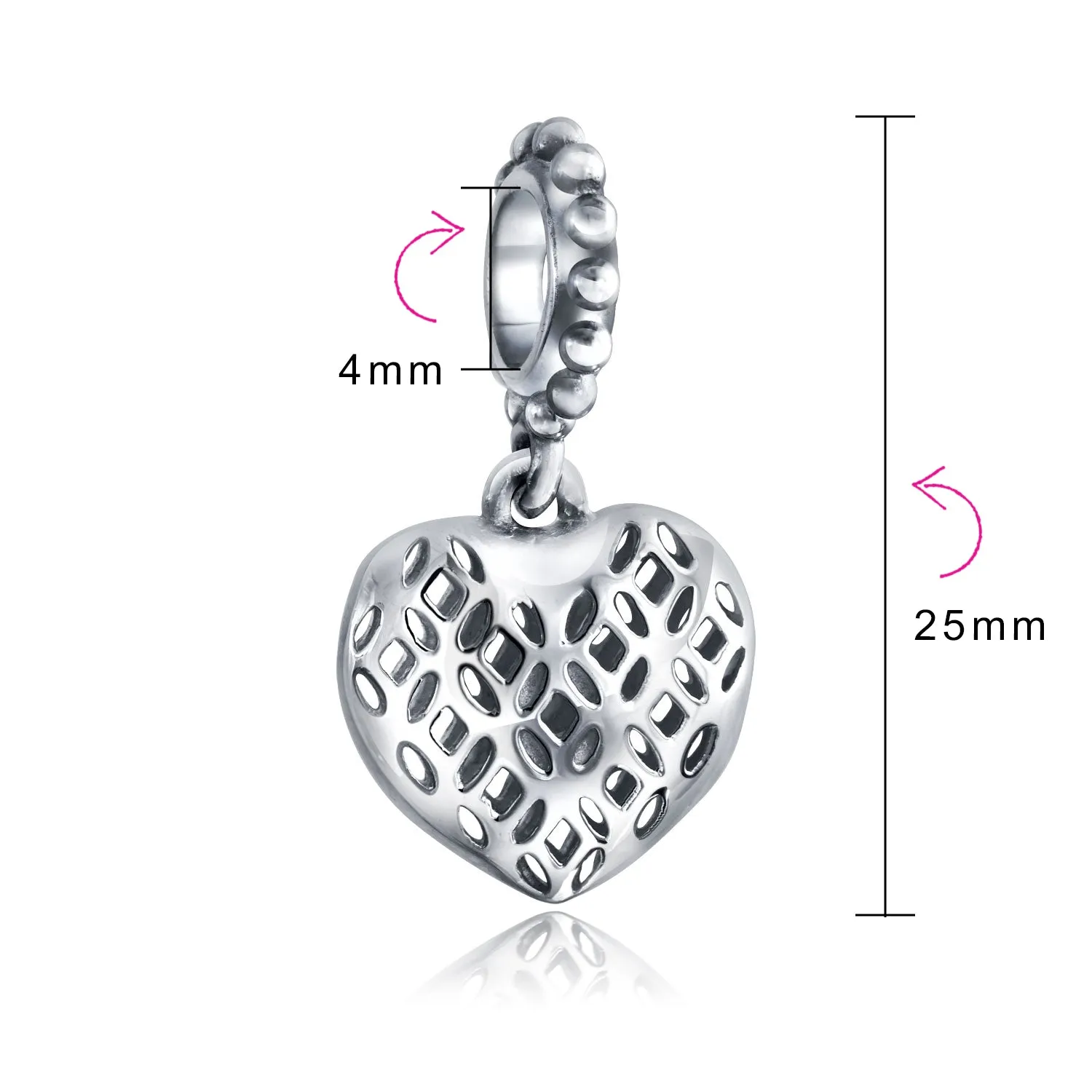 Vintage Filigree Heart Dangle Charm Bead Sterling Silver for European Bracelet