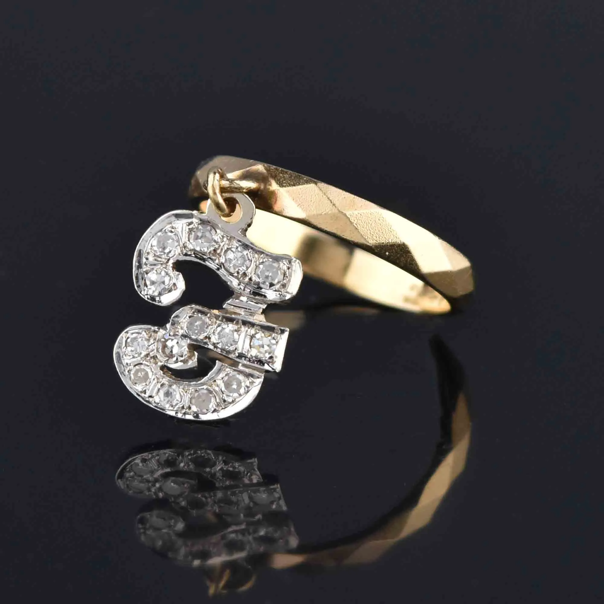 Vintage Initial F Diamond Dangle Charm Ring in 14K Gold