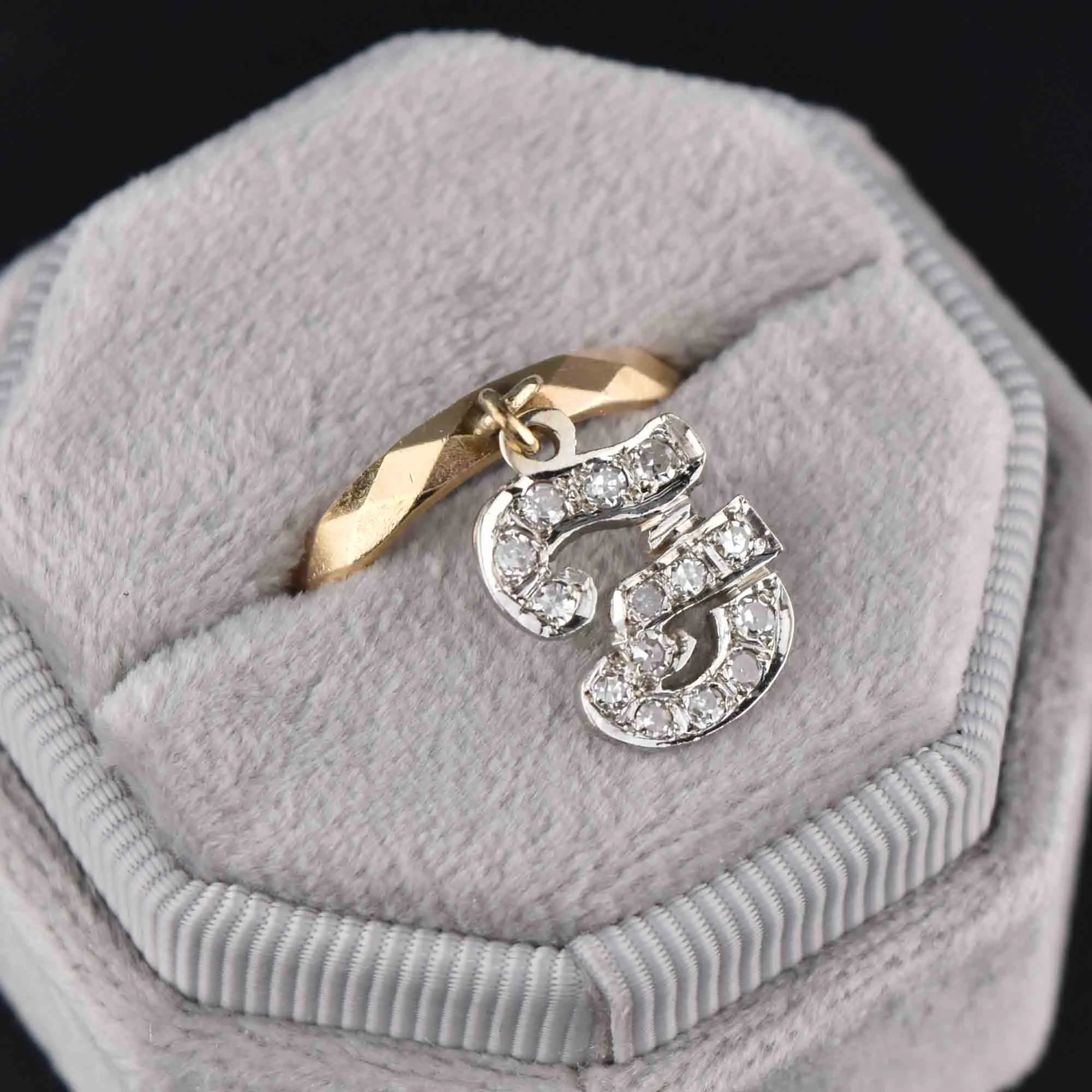 Vintage Initial F Diamond Dangle Charm Ring in 14K Gold