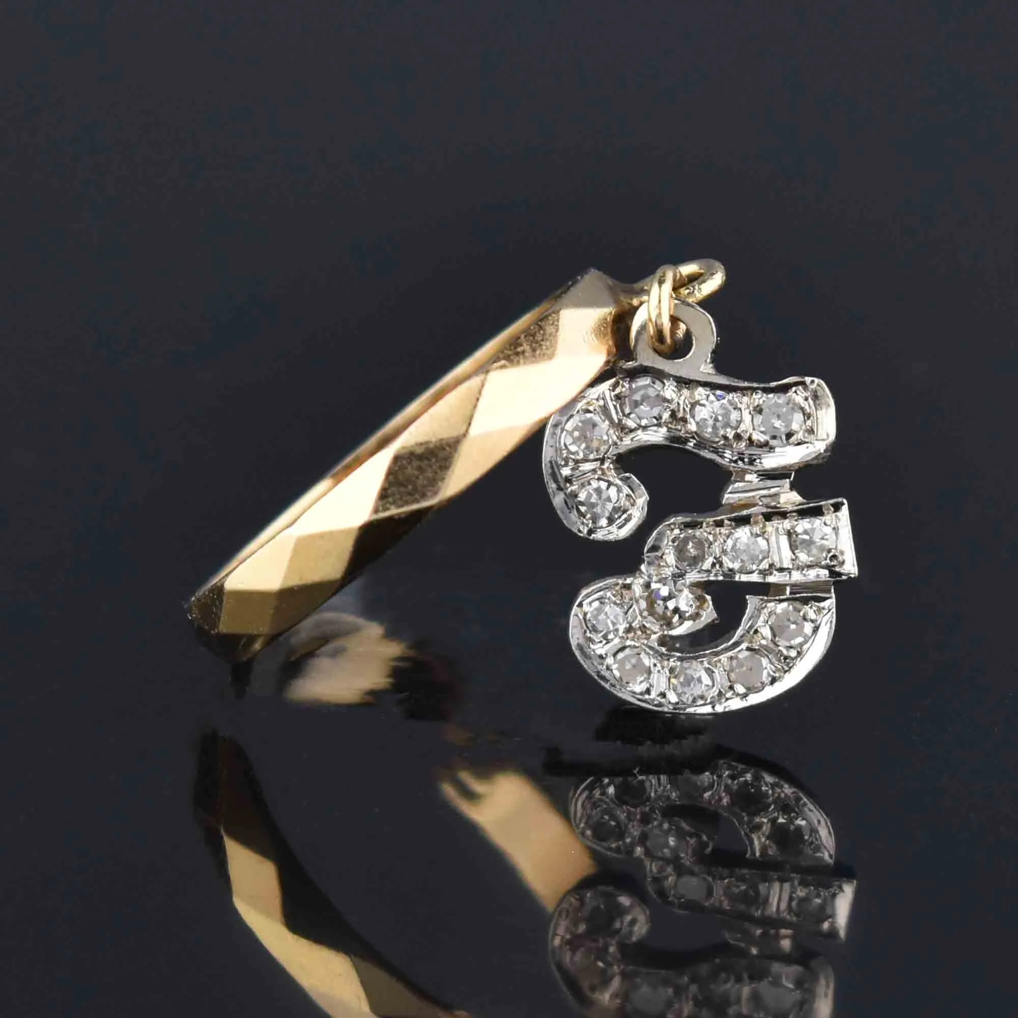 Vintage Initial F Diamond Dangle Charm Ring in 14K Gold