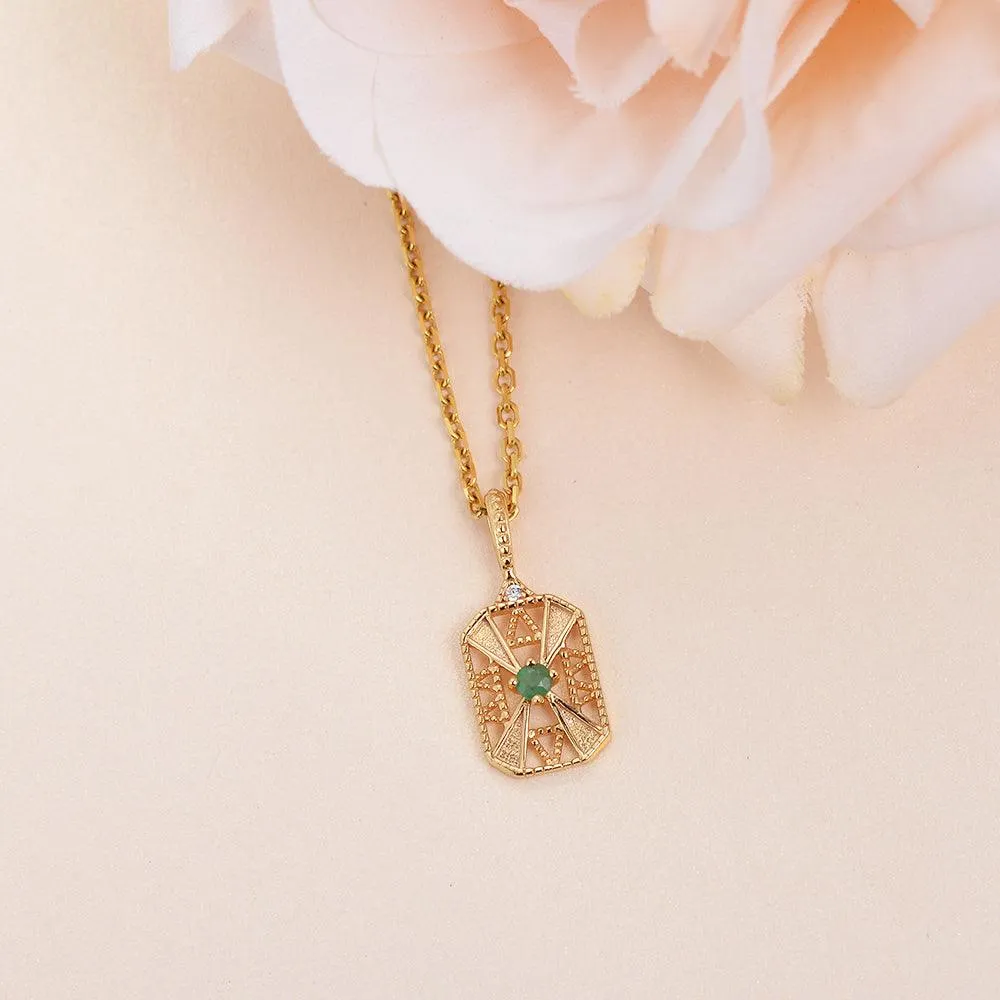 Vintage Inspired Natural Emerald Yellow Gold Necklace