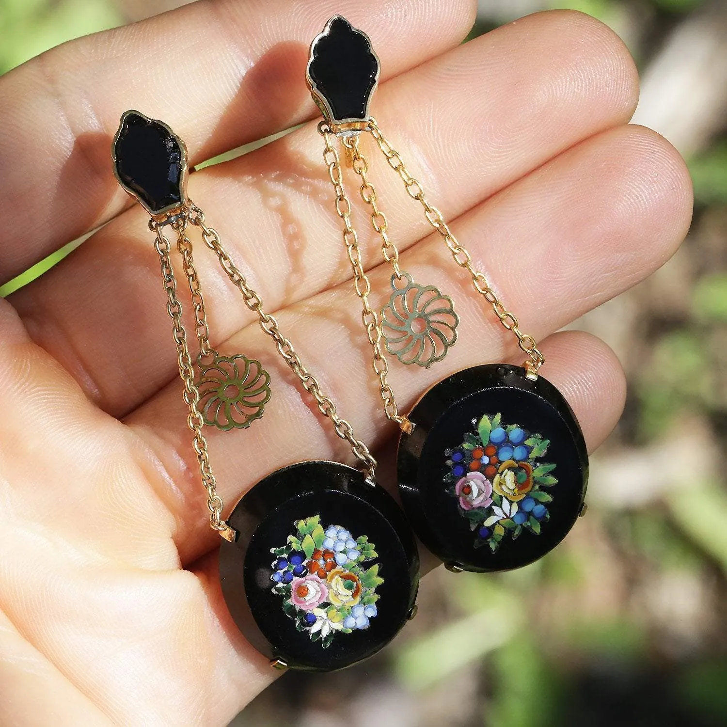 Vintage Micro Mosaic Drop Earrings in Black Onyx & 14K Yellow Gold