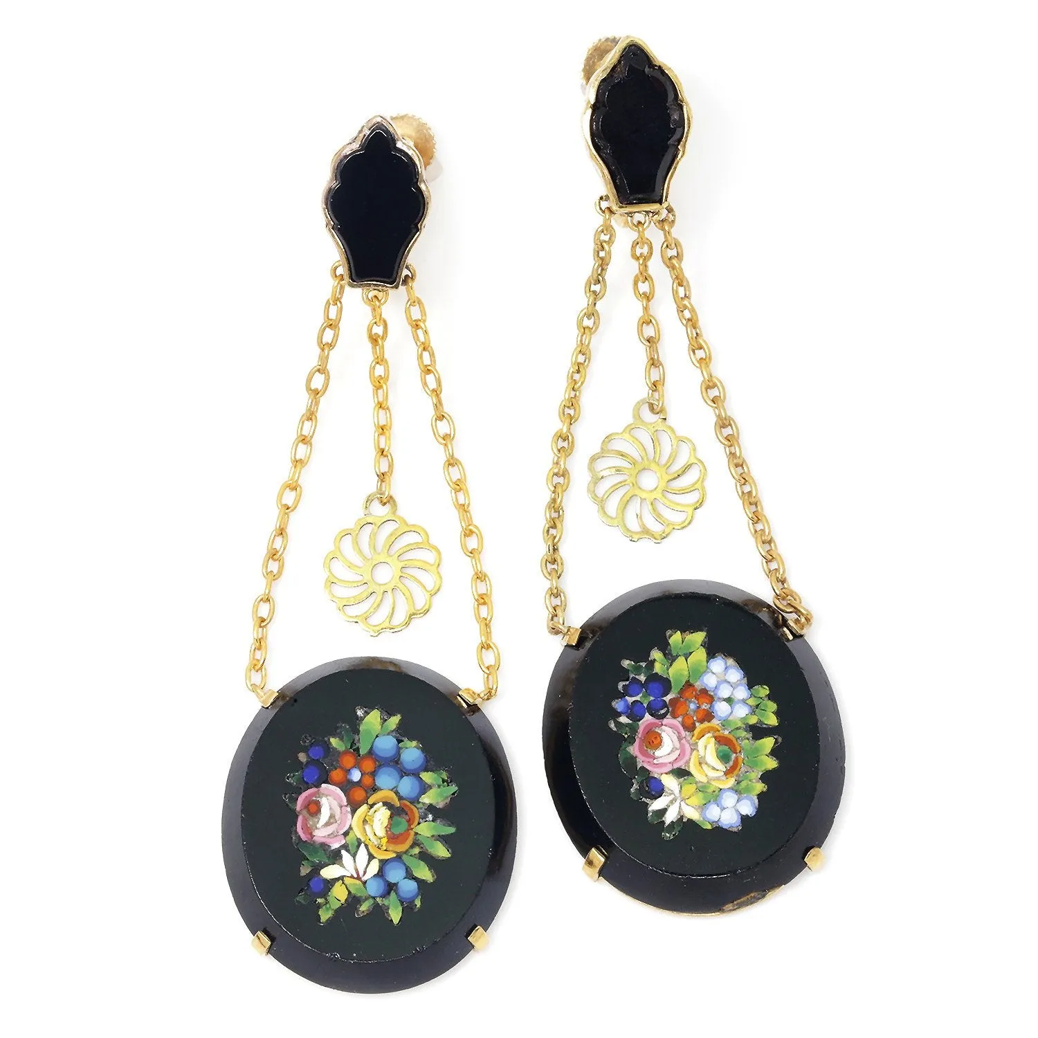 Vintage Micro Mosaic Drop Earrings in Black Onyx & 14K Yellow Gold