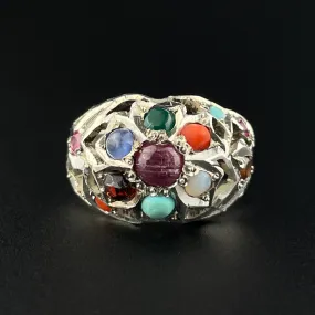 Vintage Silver MultiStone Boho Statement Ring, Sz 6 1/4