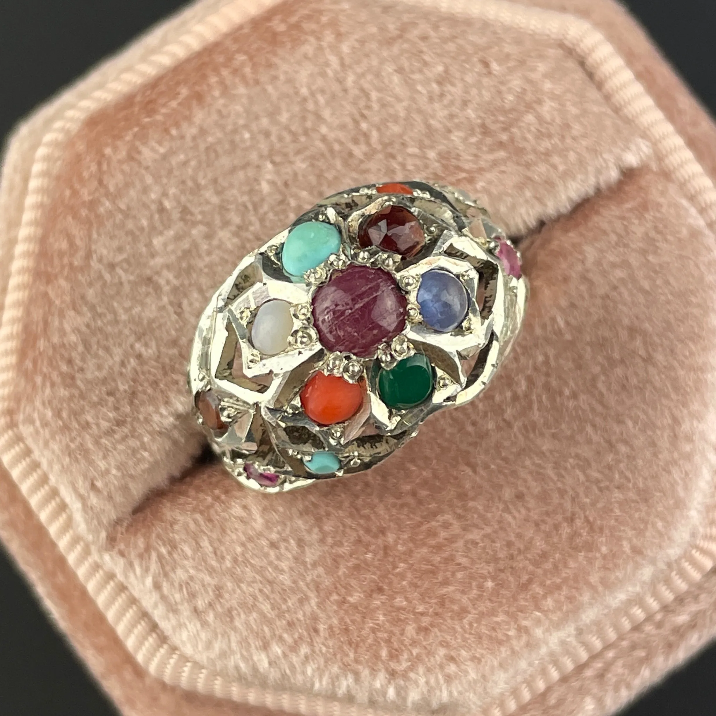 Vintage Silver MultiStone Boho Statement Ring, Sz 6 1/4