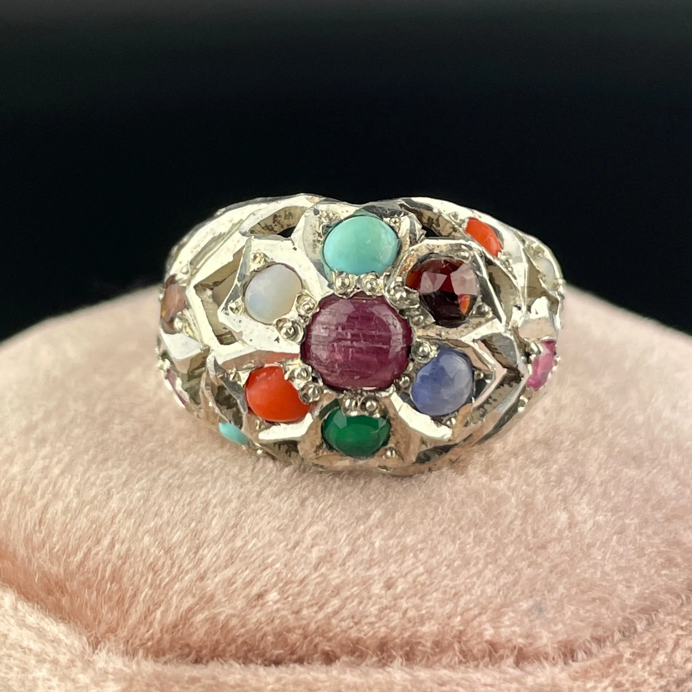 Vintage Silver MultiStone Boho Statement Ring, Sz 6 1/4