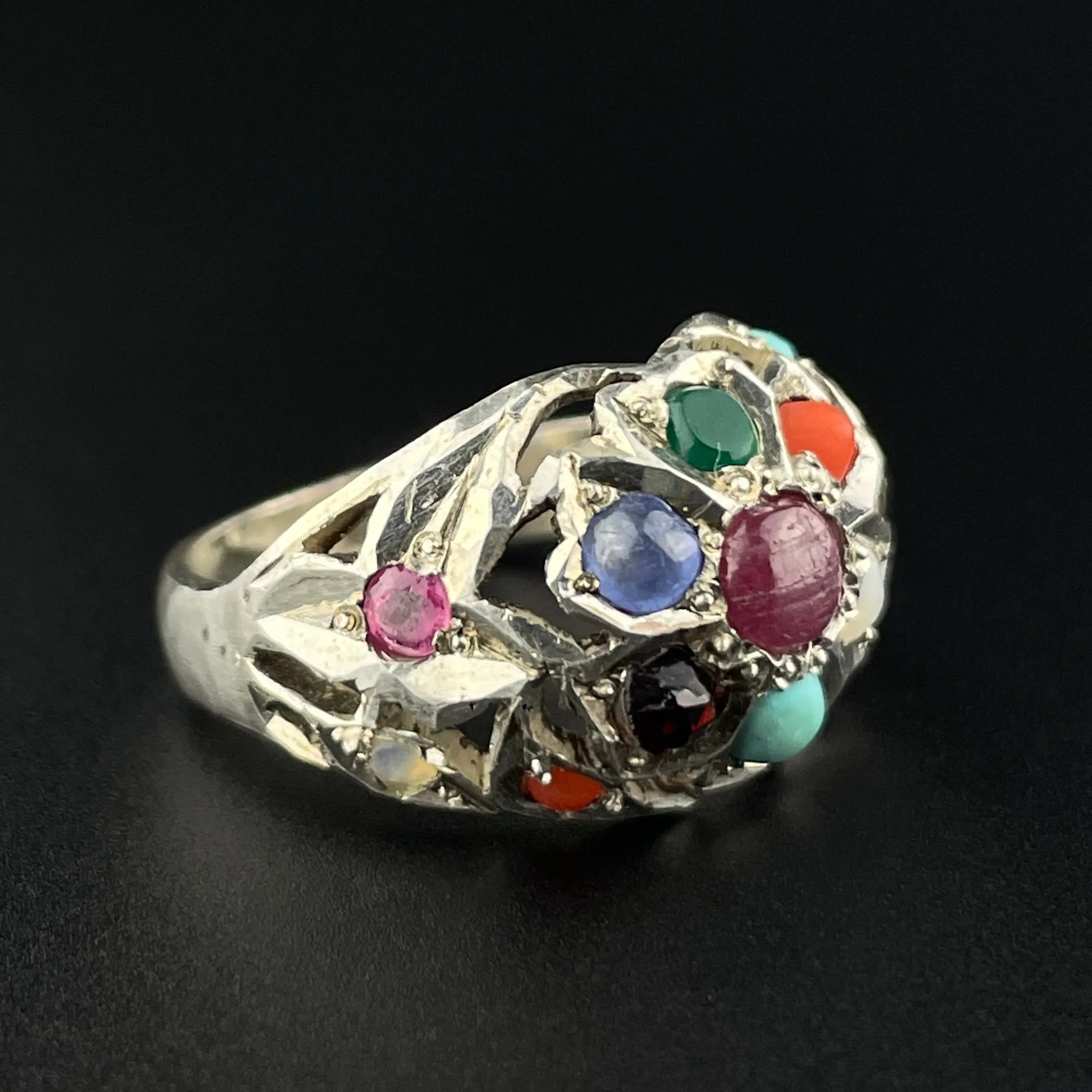 Vintage Silver MultiStone Boho Statement Ring, Sz 6 1/4