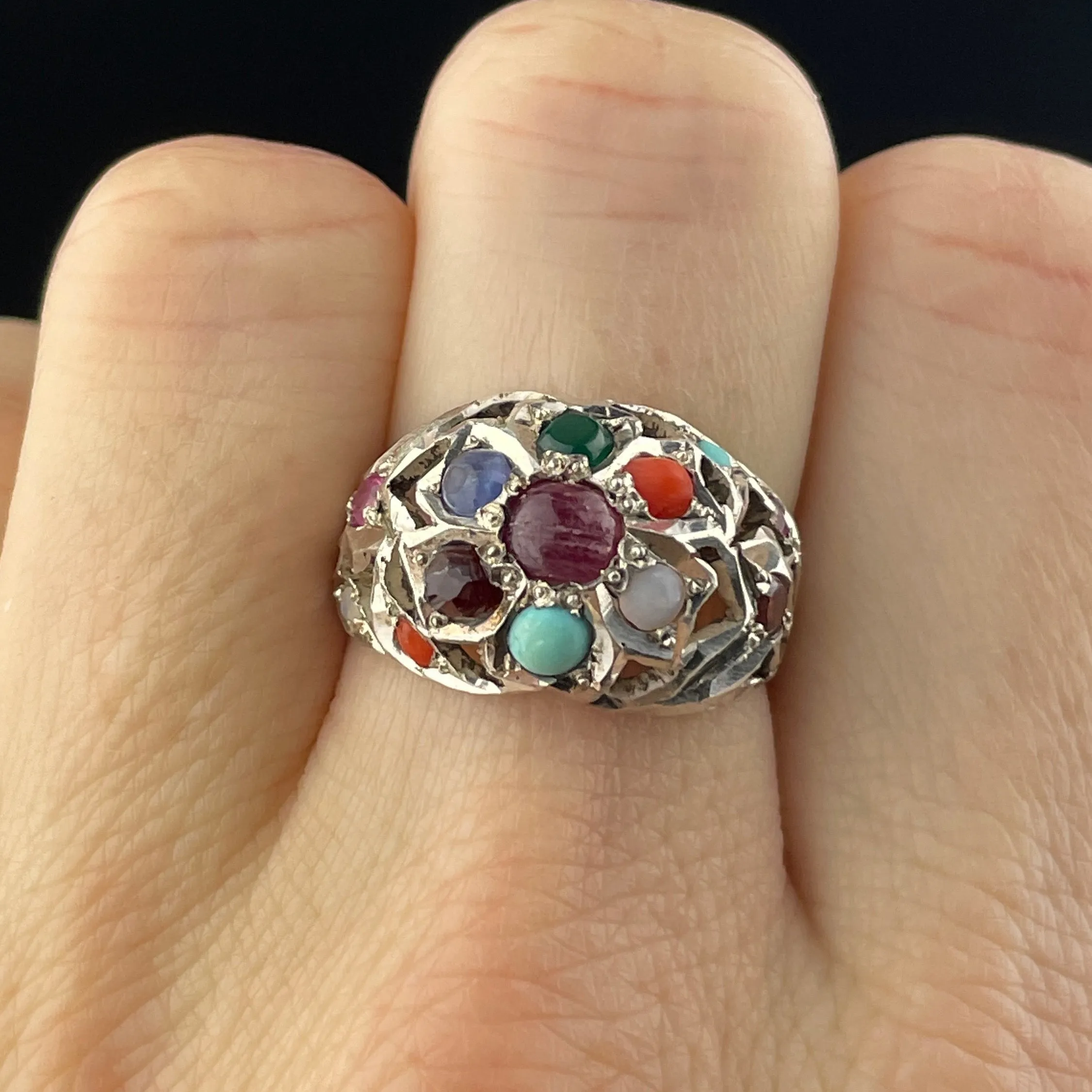 Vintage Silver MultiStone Boho Statement Ring, Sz 6 1/4