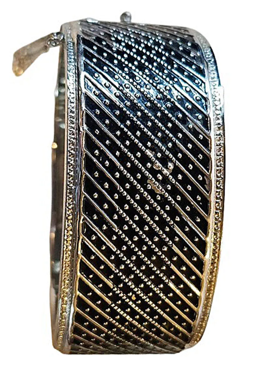 VINTAGE WHITING & DAVID SIGNED HEAVY SILVER-TONE METAL HING CUFF BRACELET WITH SAFETY CHAIN