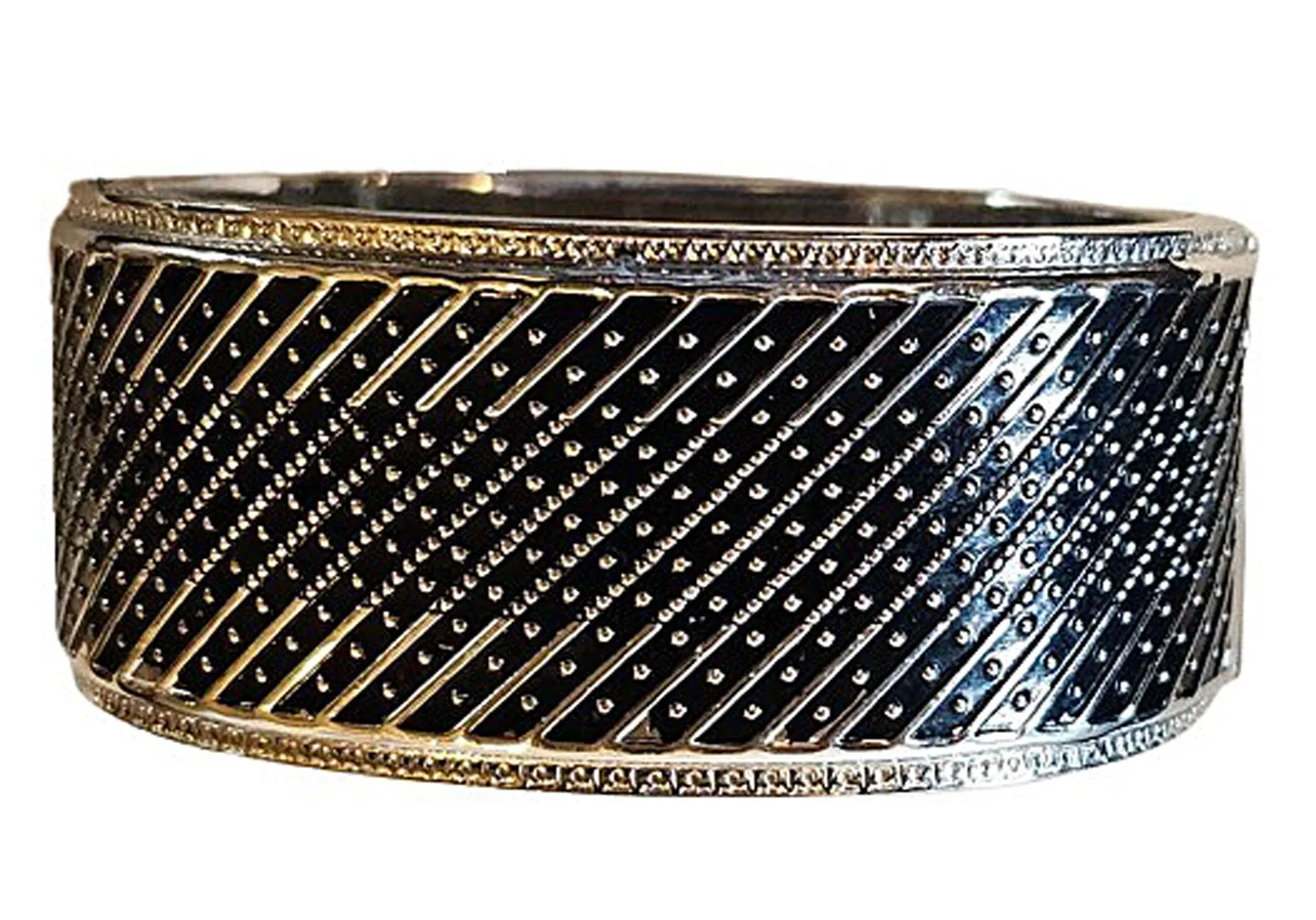 VINTAGE WHITING & DAVID SIGNED HEAVY SILVER-TONE METAL HING CUFF BRACELET WITH SAFETY CHAIN