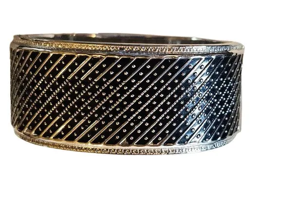 VINTAGE WHITING & DAVID SIGNED HEAVY SILVER-TONE METAL HING CUFF BRACELET WITH SAFETY CHAIN