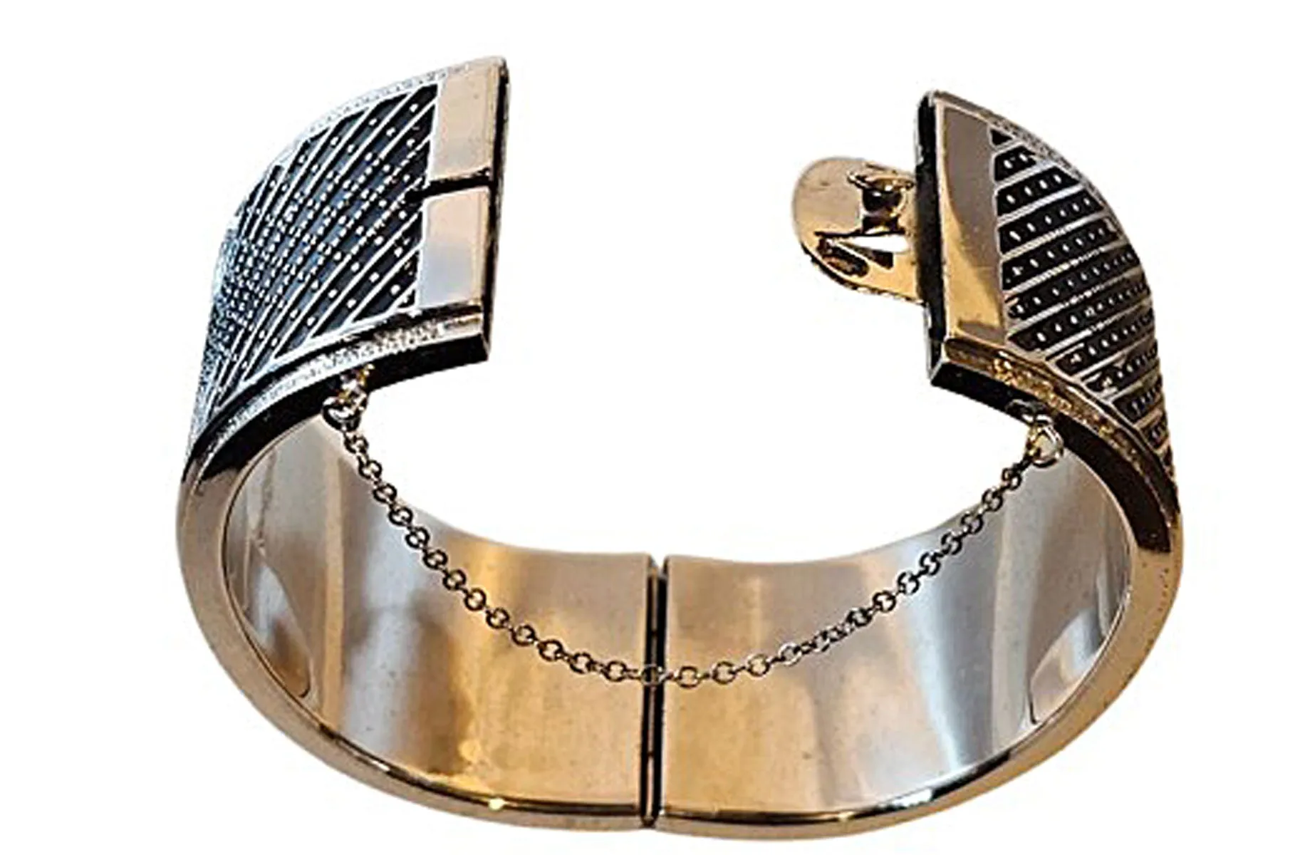 VINTAGE WHITING & DAVID SIGNED HEAVY SILVER-TONE METAL HING CUFF BRACELET WITH SAFETY CHAIN