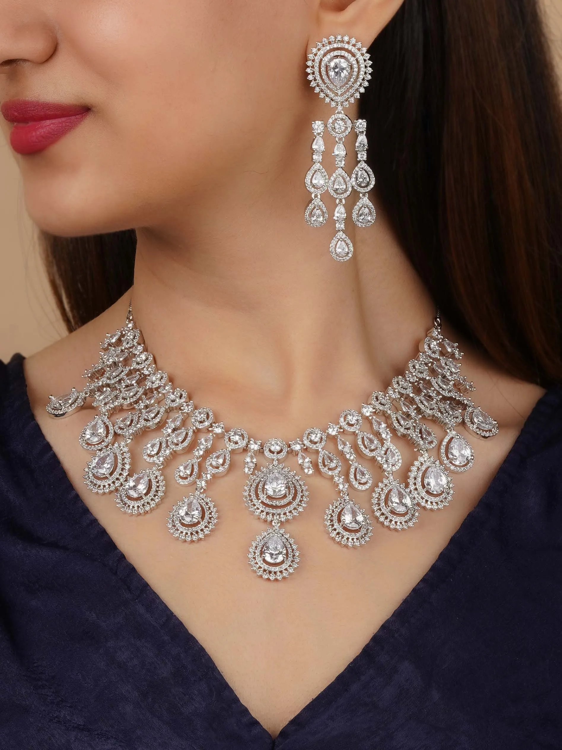 White Color Silver Plated Faux Diamond Necklace Set - CZSET296