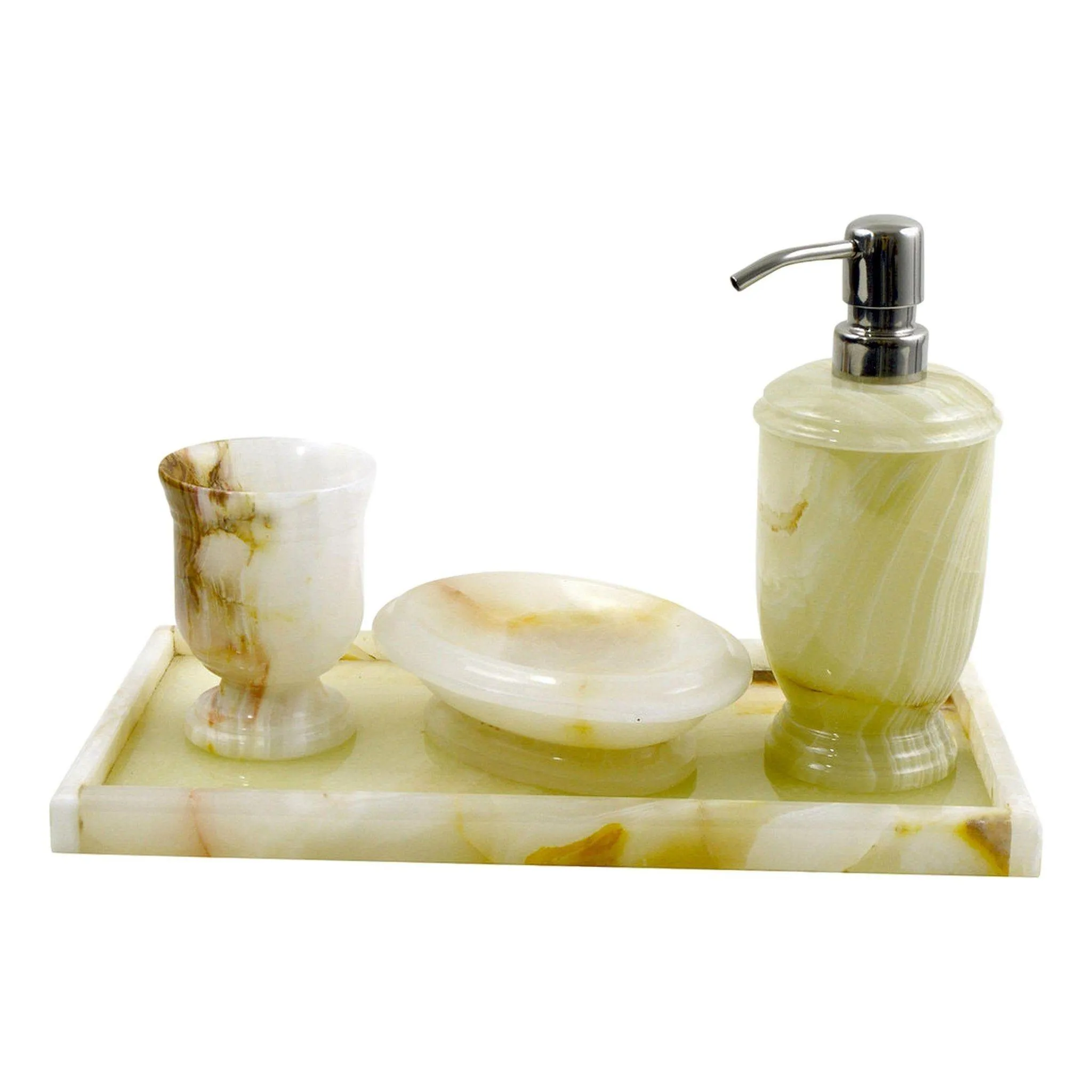 White Onyx Stone | 4-Piece Bathroom Decor Accessory Set with Vanity Tray.