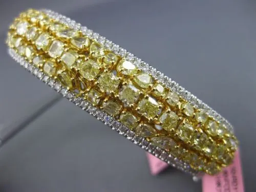 WIDE 13.3CT WHITE & FANCY YELLOW DIAMOND 18K WHITE GOLD MULTI ROW CLUSTER BANGLE