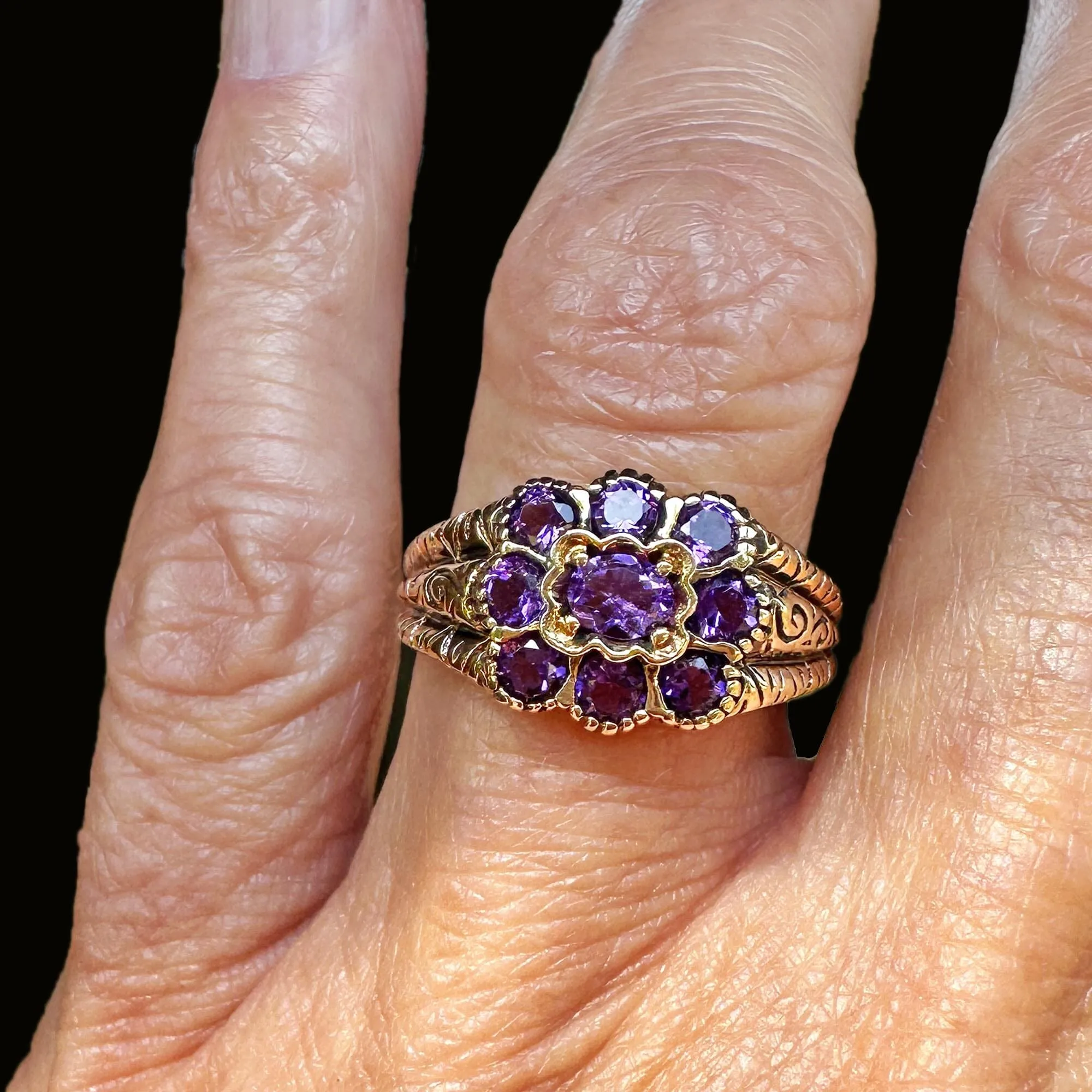 Wide Gold Engraved Band Floral Cluster Amethyst Ring