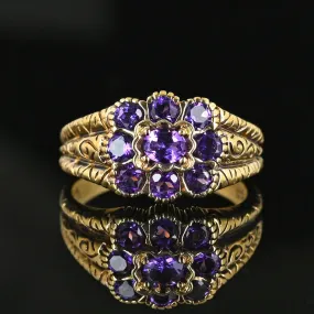 Wide Gold Engraved Band Floral Cluster Amethyst Ring