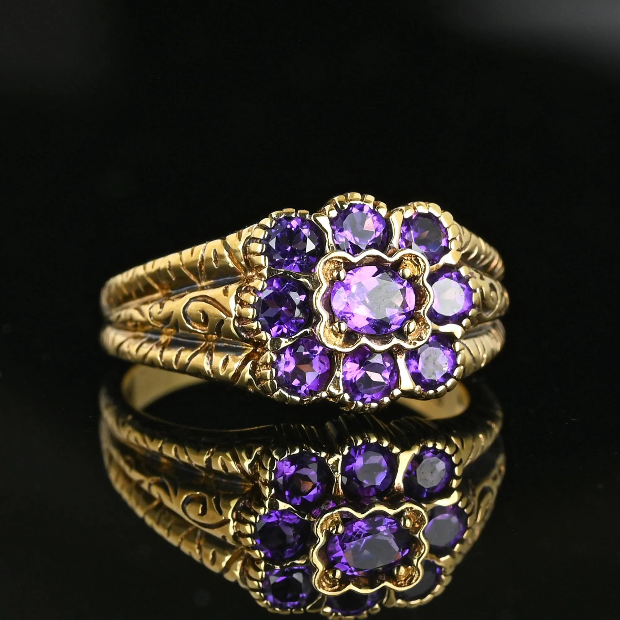 Wide Gold Engraved Band Floral Cluster Amethyst Ring