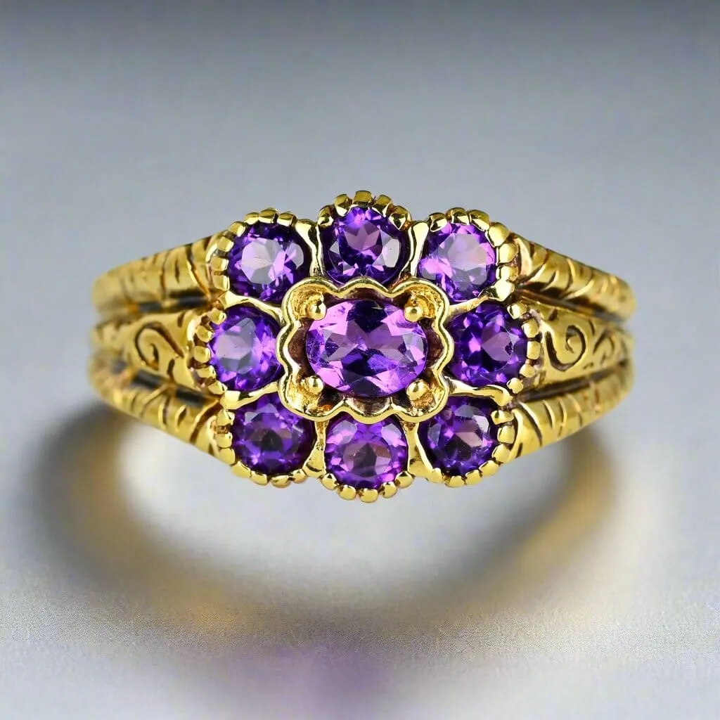 Wide Gold Engraved Band Floral Cluster Amethyst Ring