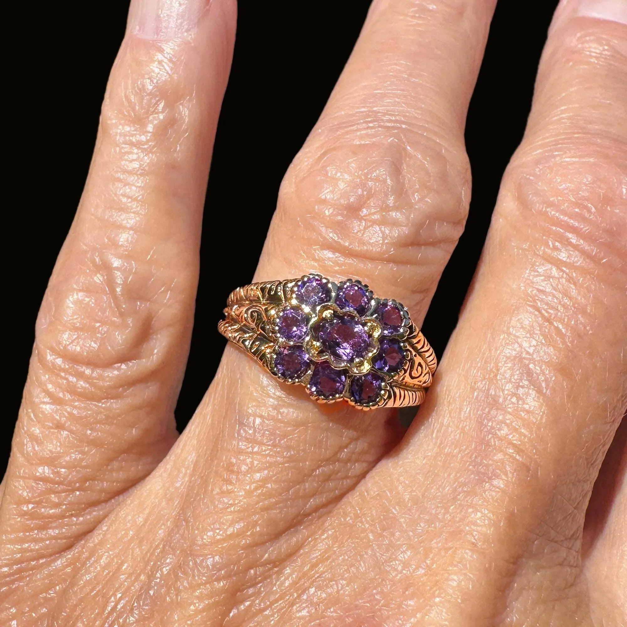 Wide Gold Engraved Band Floral Cluster Amethyst Ring