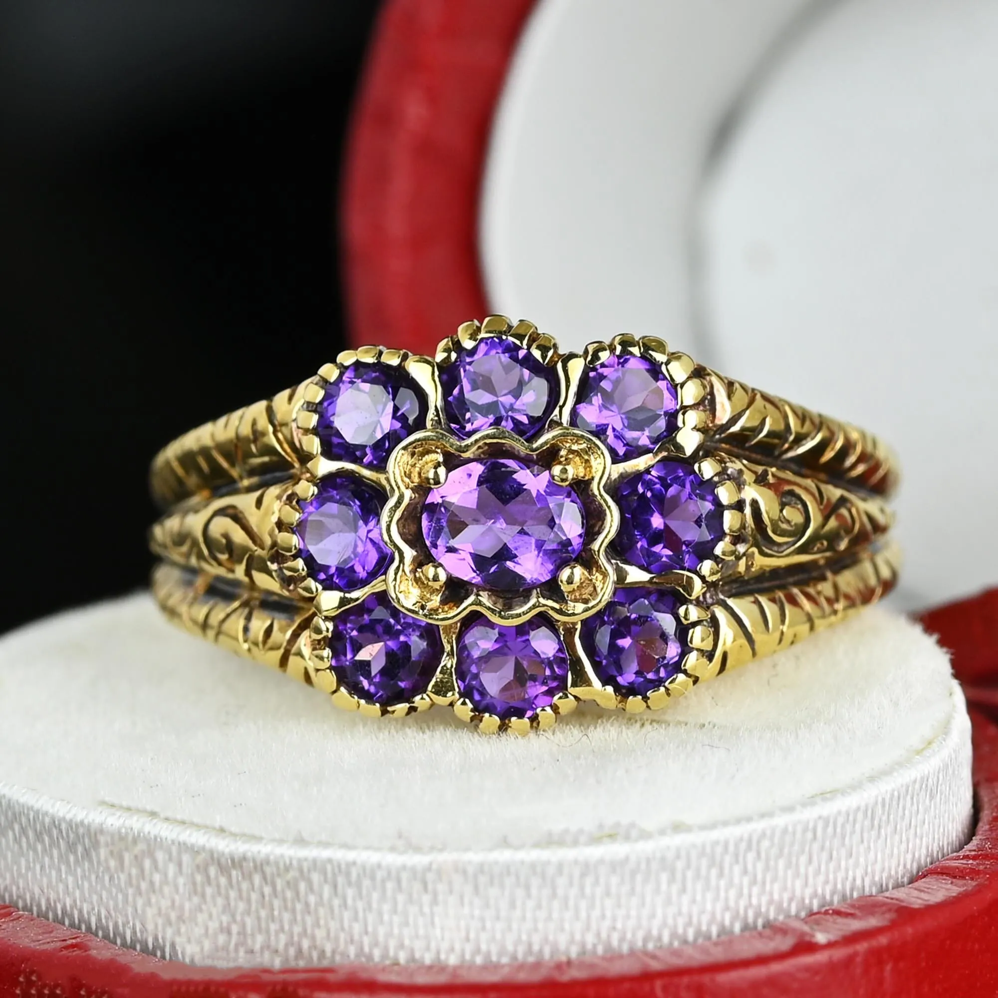 Wide Gold Engraved Band Floral Cluster Amethyst Ring