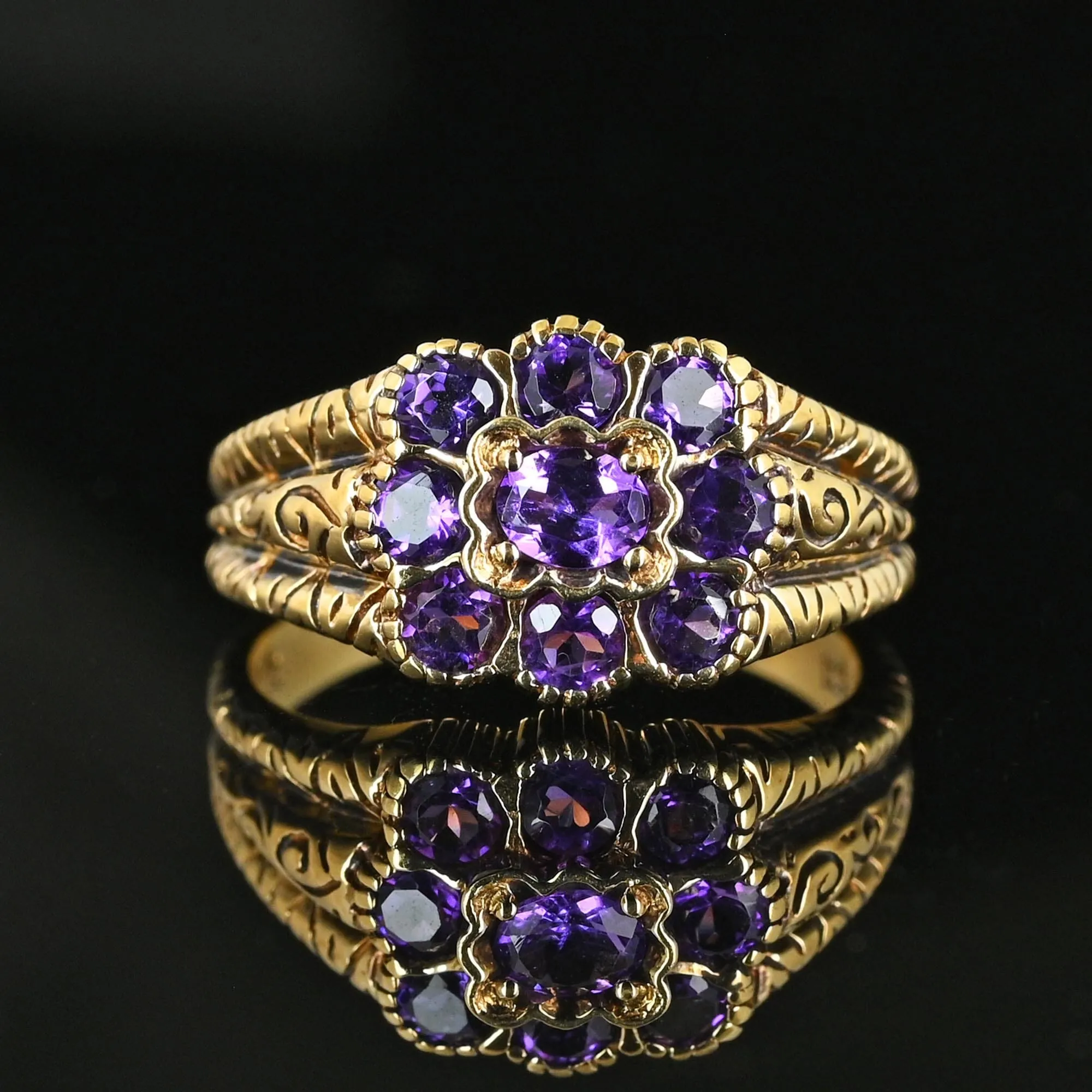 Wide Gold Engraved Band Floral Cluster Amethyst Ring