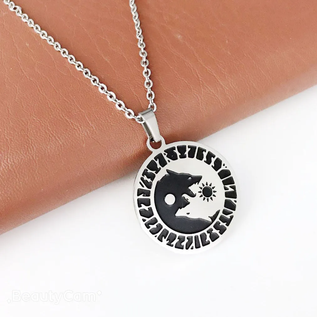 Wolf Head Sun Moon Necklace Titanium Stainless Steel Viking