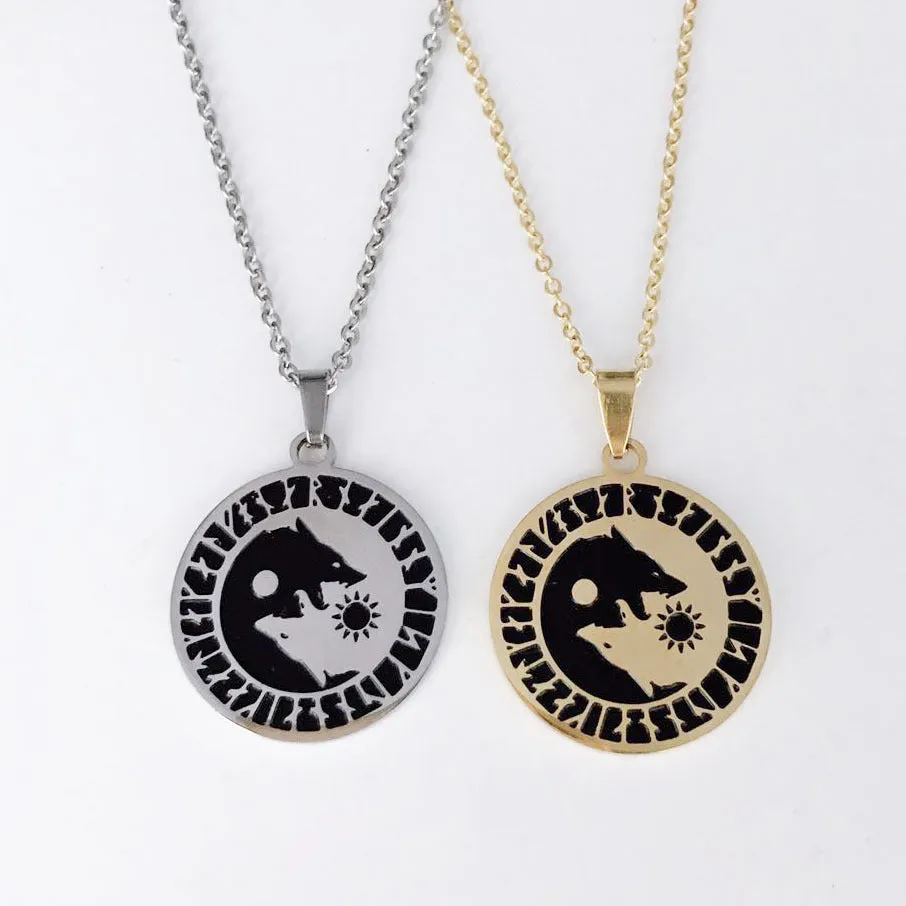 Wolf Head Sun Moon Necklace Titanium Stainless Steel Viking