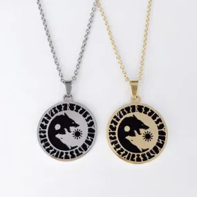 Wolf Head Sun Moon Necklace Titanium Stainless Steel Viking