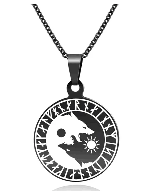 Wolf Head Sun Moon Necklace Titanium Stainless Steel Viking