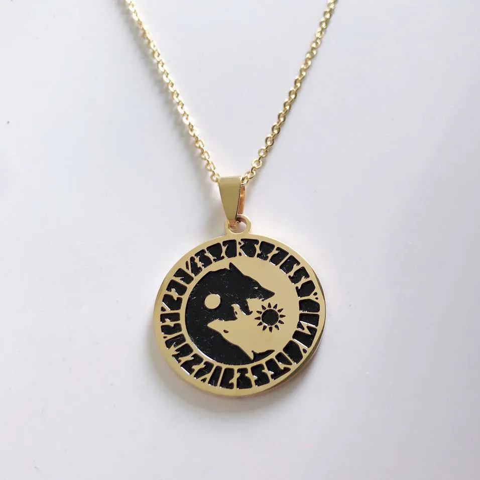 Wolf Head Sun Moon Necklace Titanium Stainless Steel Viking