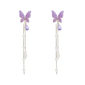 Yellow Chimes Crystal Danglers Earrings for Women | Purple Earrings for Girls | Fashion Women Earrings | Butterfly Shaped Long Chain Earrings | Birthday Gift For Girls Anniversary Gift for Wife