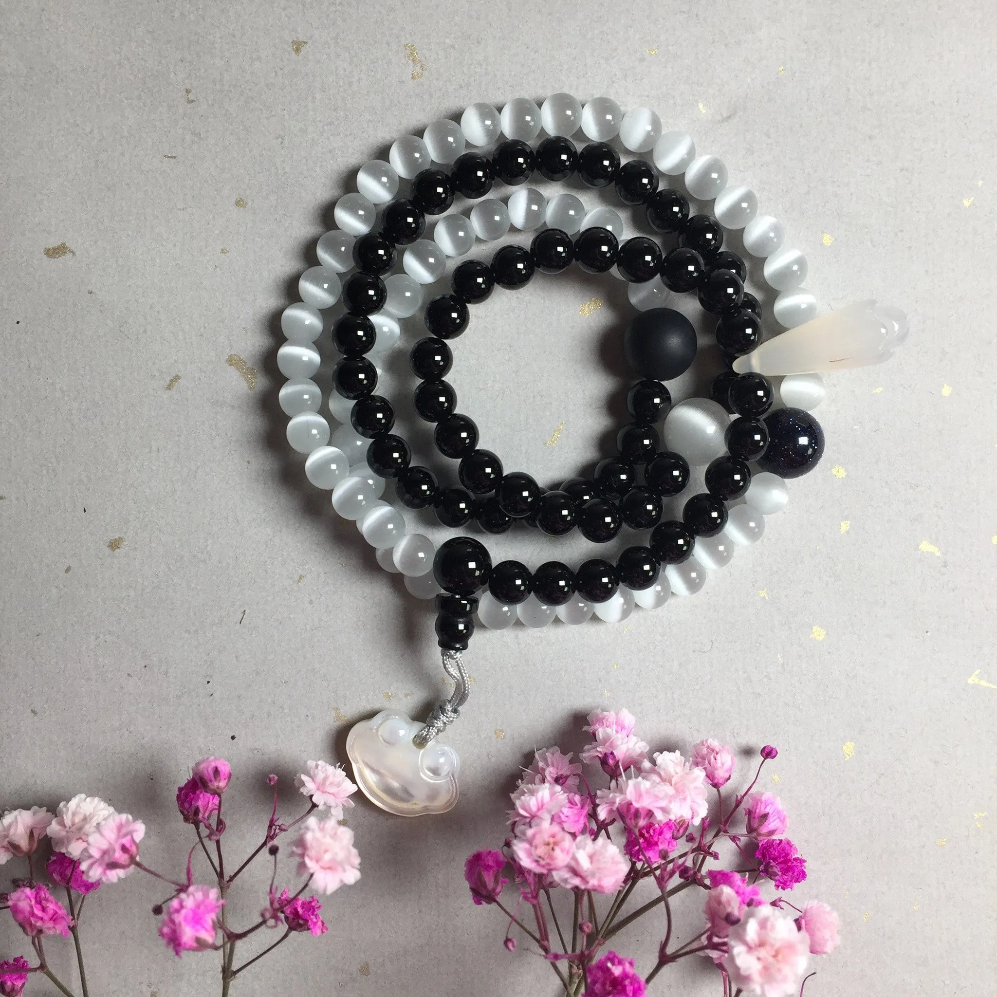 Yin Yang Black Onyx and Cats Eye 108 Beads Bracelet/Necklace