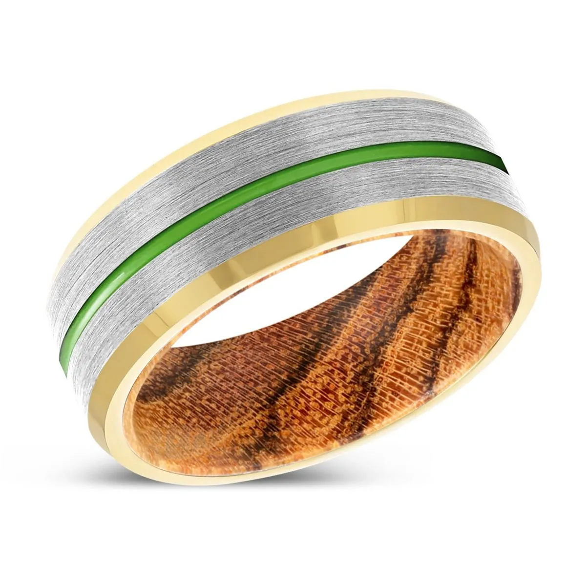 ZUCCA | Bocote Wood, Silver Tungsten Ring, Green Groove, Gold Beveled Edge