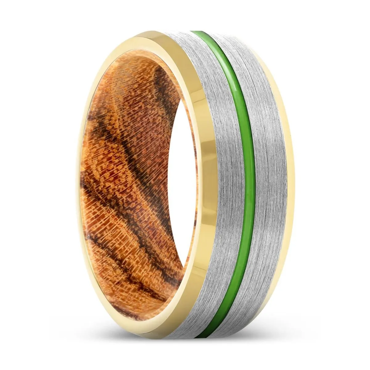 ZUCCA | Bocote Wood, Silver Tungsten Ring, Green Groove, Gold Beveled Edge